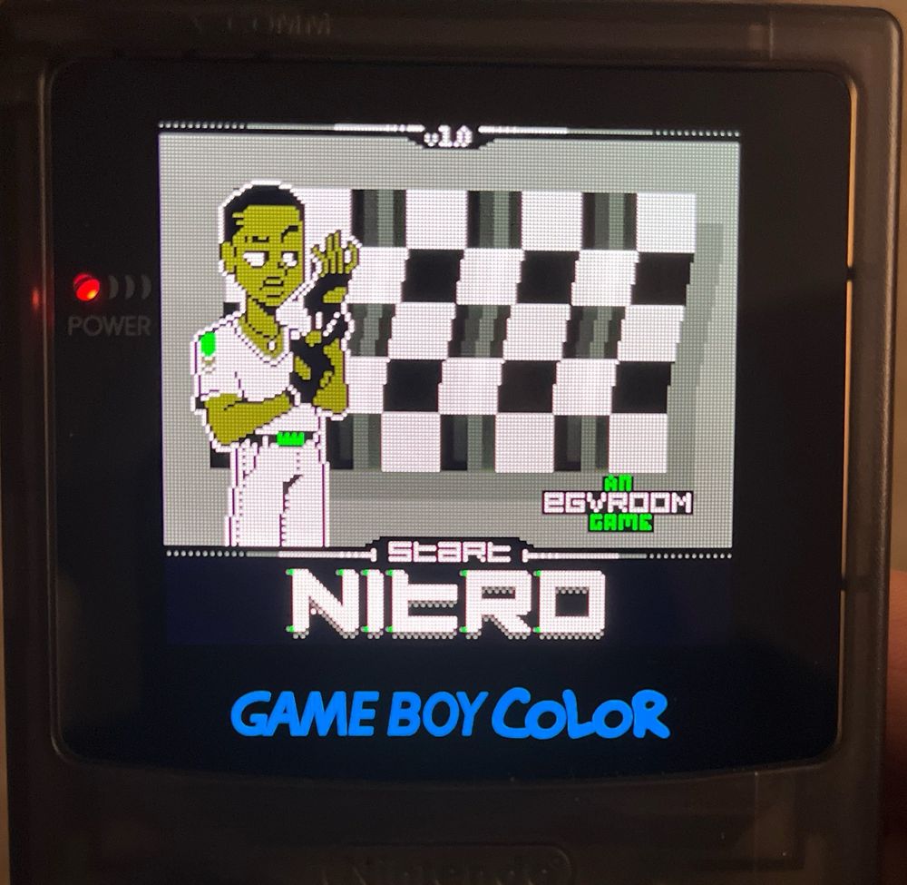 A picture of a homebrew racing Gameboy game called Nitro developed by EGVroom, with help from Brian Rollins and Beatscribe.