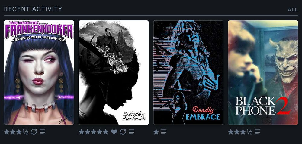 My Recent Activity on Letterboxd: Frankenhooker, Bride of Frankenstein, Deadly Embrace and Black Phone 2
