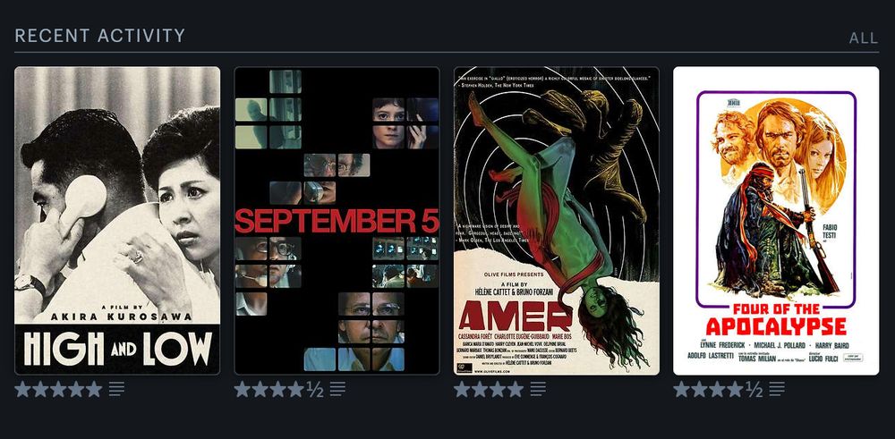 My recent activity at Letterboxd:
High and Low
September 5
Amer
Four of the Apocalypse