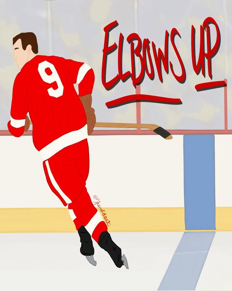 a drawing of Gordie Howe skating next to the words "elbows up"