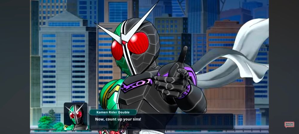 The image features the Kamen Rider W character Kamen Rider Double. He is in a black and green suit with large red insect-like eyes, reminiscent of a superhero or a sci-fi character. They are prominently positioned in the foreground, extending a hand forward. White fabric resembling a scarf flows behind them. The background features tall skyscrapers, suggesting an urban setting. There is a smaller inset of the same character in the bottom left corner. A dialogue box is overlaid at the bottom with text.

The text say, "Now, count up your sins!"