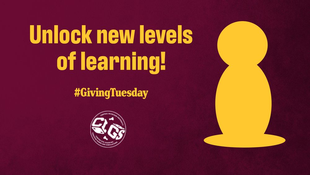 Banner image with a maroon background saying "Unlock new levels of learning! #GivingTuesday" with a large yellow meeple person off to the right side and the CMU Center for Learning through Games and Simulations logo below the text in white.