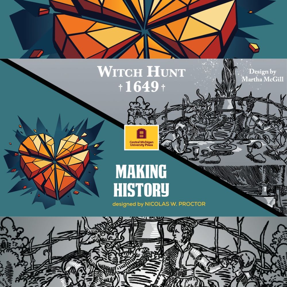 Square graphic in three rows. Top row is a fractured orange cartoon heart on teal background. Middle row is diagonally split with heart and a woodcut image of a demon dinner party. Lower is  woodcut.