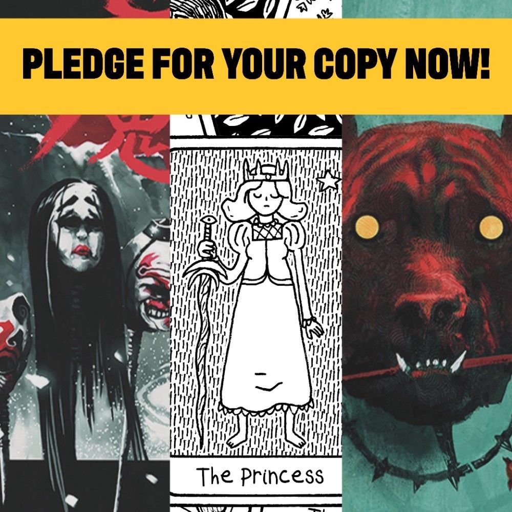 Collage of the three RPG book covers%2C with a mask on a snowy hill for The Mountain Witch%2C a black and white tarot card of a Princess for Princess with a Cursed Sword%2C and red pitbull for Dog Eat Dog. 