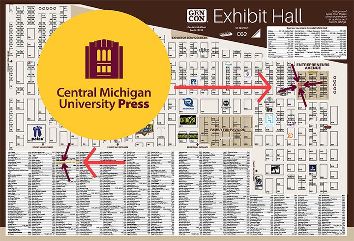 Map of Gen Con booths shown as rectangles with booth numbers. A round yellow circle in the upper left holds the maroon logo of Central Michigan University Press. Booth 2759 is CMich Press's booth.