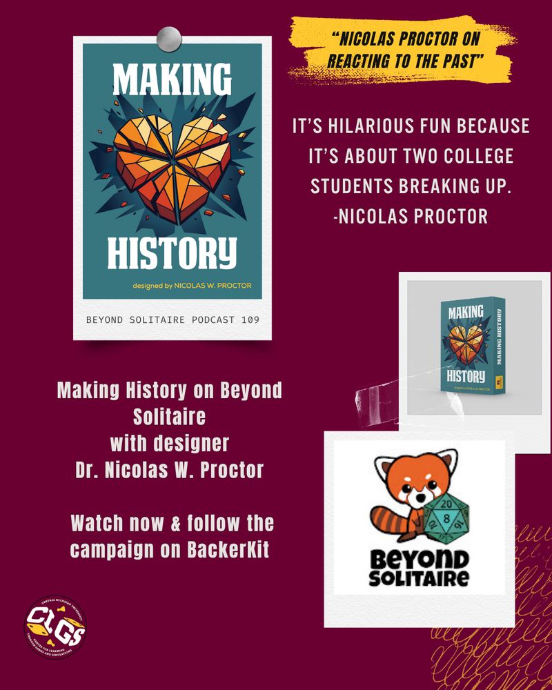 Quote IT'S HILARIOUS FUN BECAUSE IT'S ABOUT TWO COLLEGE STUDENTS BREAKING UP by Nicolas Proctor with images of the teal MAKING HISTORY game box and the BEYOND SOLITAIRE logo%2C info about episode.