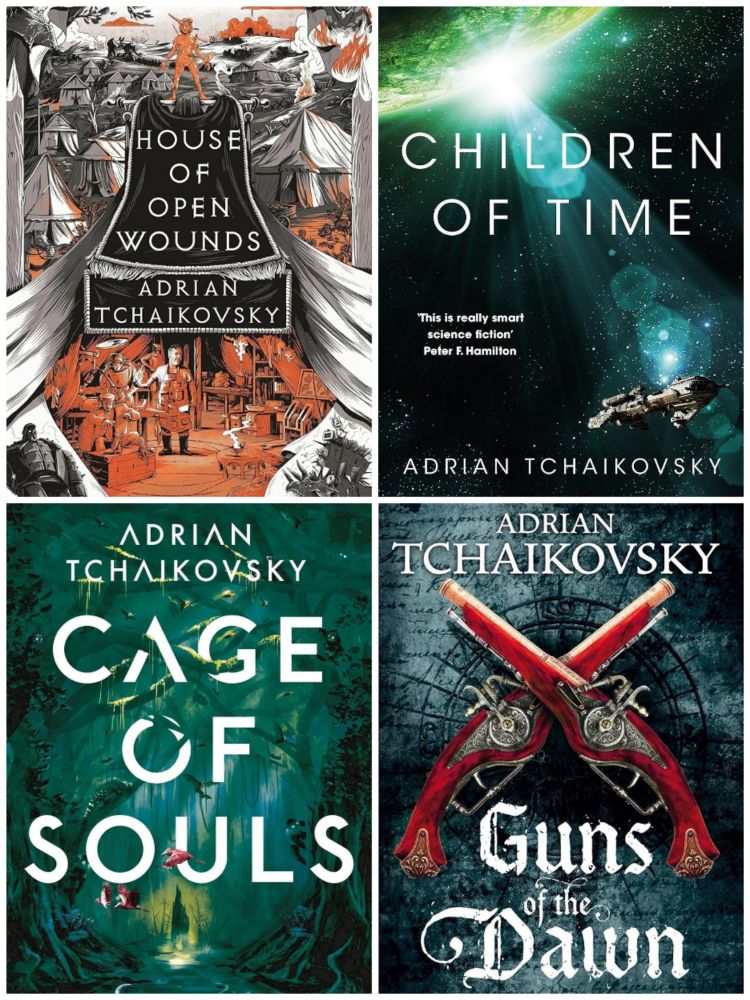 Book cover collage: House of Open Wounds, Children of Time, Cage of Souls, Guns of the Dawn. 