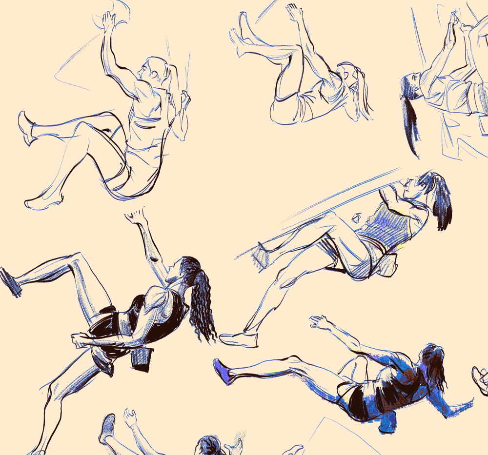 Digital drawing compilation of various climbing poses of a female olympic climber.