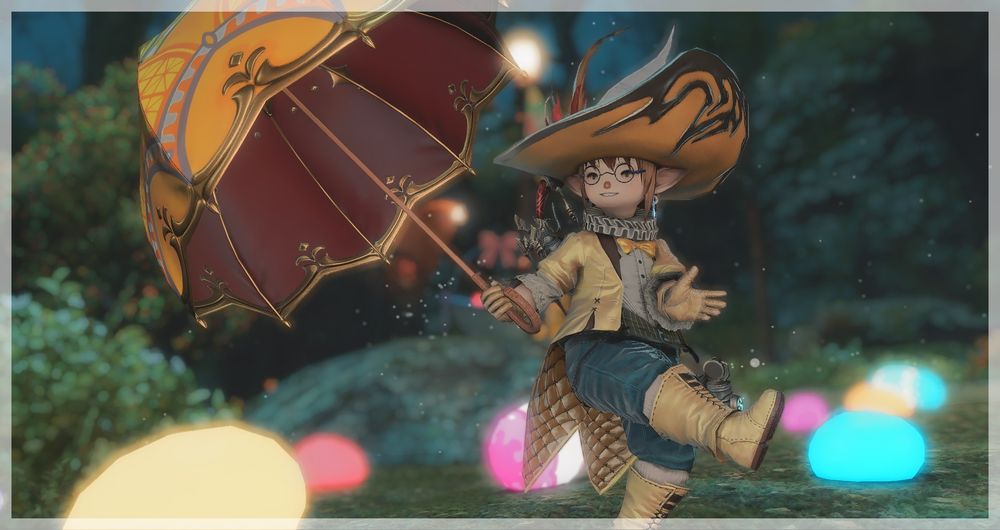 A male Lalafell from FFXIV, clad in entirely too much yellow. There are glowing brightly-coloured eggs scattered on the ground, and he's doing a jaunty little kick-dance while holding the most gaudy yellow parasol known to god or man.

He seems quite pleased about it.