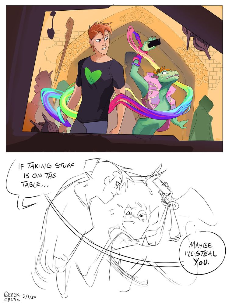 Panel 1: Herman grabs a small ambiguous dragon anthro's arm with yarn. They were stealing his phone.
Panel 2: He leans over them to take it back. He's smiling. They're tied by the wrists, but its harmless.
"If taking stuff is on the table... maybe I'll steal you."