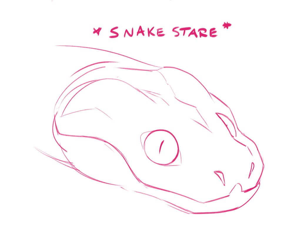 A sketch of a snake staring. There's a caption above it that says *snake stare*