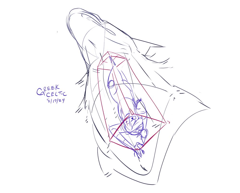 rough sketch stage of Jacky being swallowed by Junior (monster form).