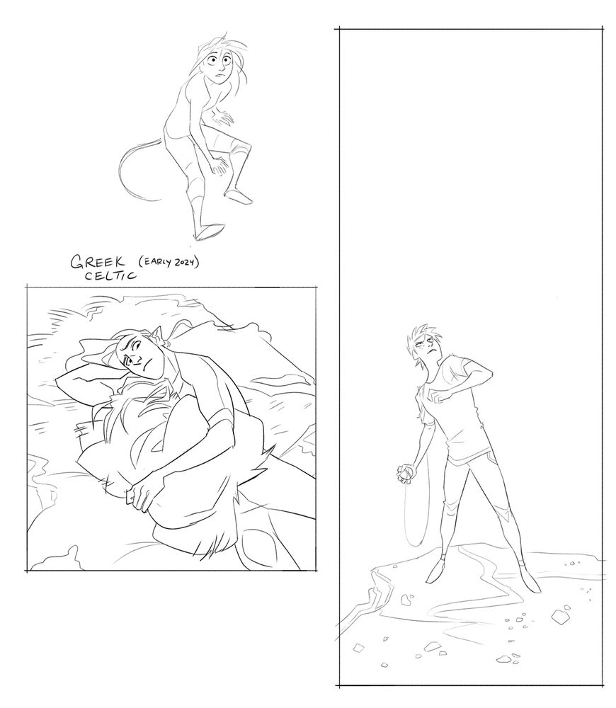 Top: Jacky sitting on the ground. Looks like she skidded to a stop.
Bottom left: Jacky curled up in a fur next to Vlinder.
Bottom right: Herman looking up a shaft. He's holding a stone with a tether of yarn tied to it. He's about to throw it.