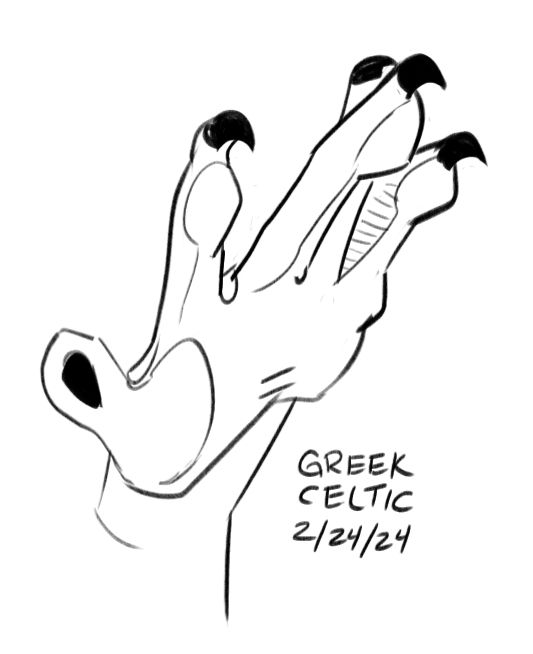 a doodle of a hand with blacked in claws and somewhat dragon like qualities