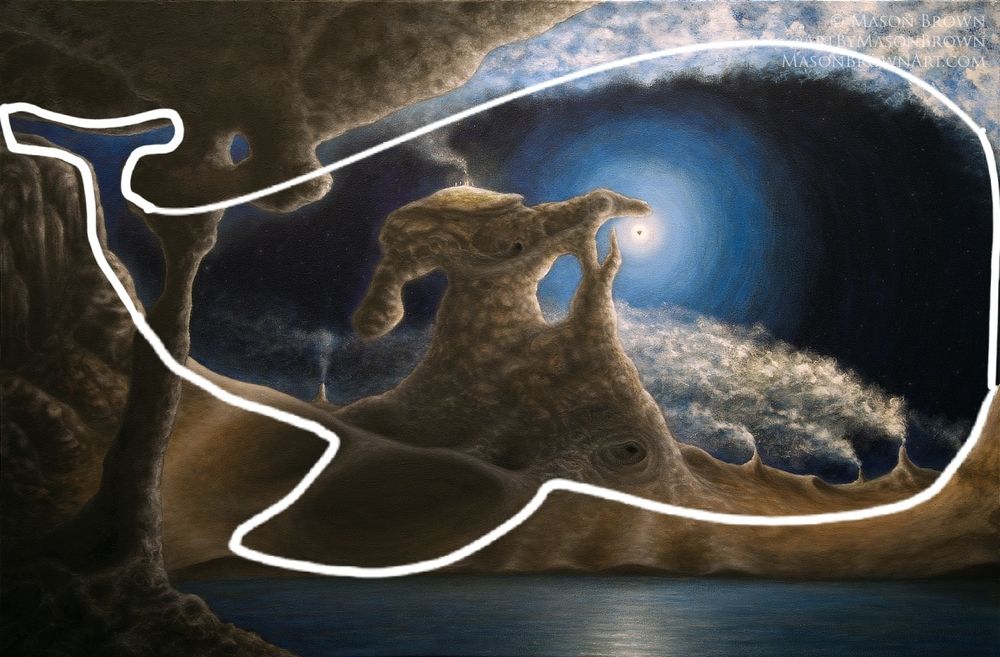 "The Whale" painting by Mason Brown, with a terribly drawn white outline of a Whale-ish shape.