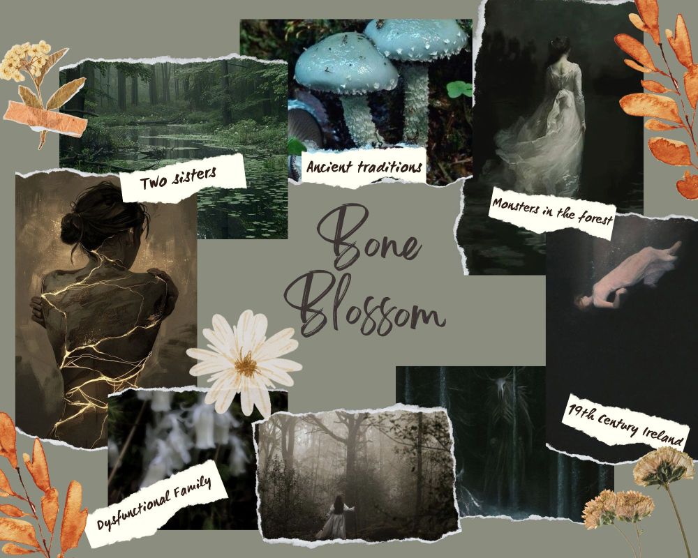 A collage of images. One woman with her skin cracking and light shining through. A ghostly girl with her back to you. A girl sinking through water. A mossy lake. snowdrops. A girl in a misty forest. Mushrooms 