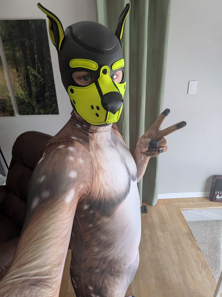 A selfie of a person standing in a room, wearing a yellow pup hood and beige spandex, taken from the waist-up from the side. The person is holding two fingers up to form a peace sign.