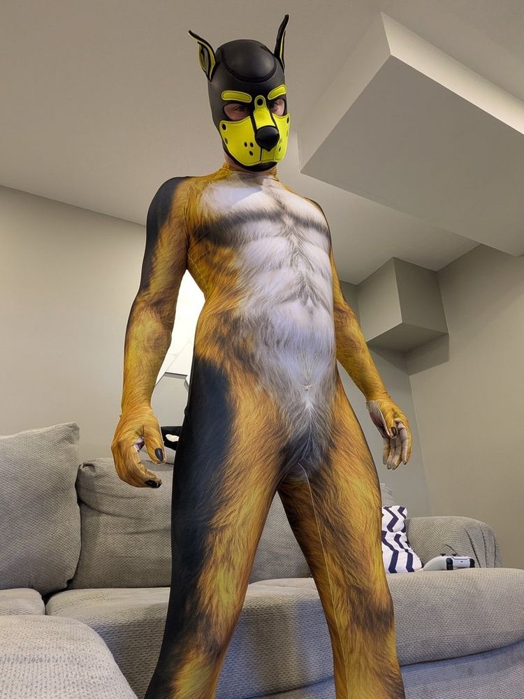 A person in an orange and white spandex petsuit stands in front of the camera at a slight angle, wearing a pup hood. A couch is behind him.