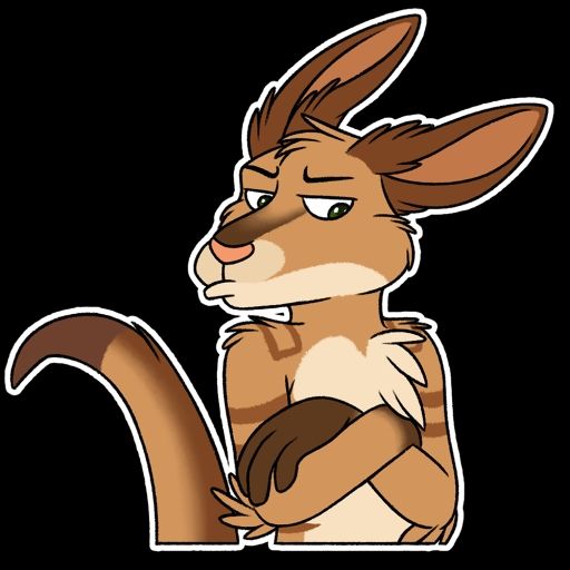 A drawing of an anthropomorphic kangaroo character with his arms crossed, ears folded slightly, and face emoting a look of dissatisfaction.
