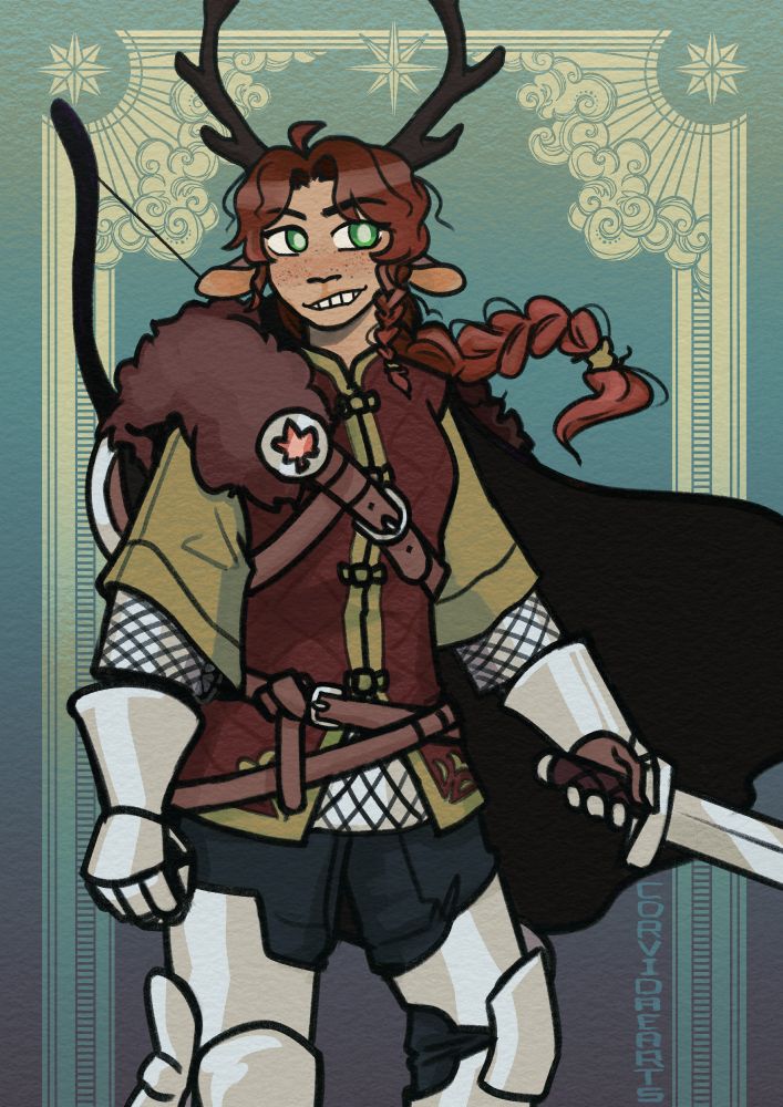 gem, clad in armor with a sword in hand and a bow strapped to her back with her cape fluttering in the wind