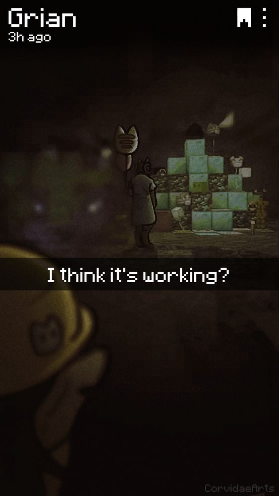 a picture of doc standing in front of the apology gift with scar blurry in the foreground, captioned "I think it's working?" posted 3 hours ago by grian