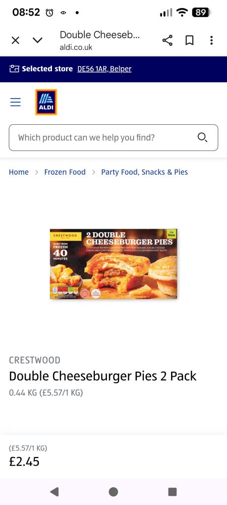 Aldi web page featuring 'double cheeseburger pies'