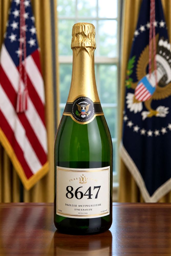 A champagne bottle with a gold foil top and a label reading “8647” is placed on a wooden surface. The bottle features a seal with the U.S. presidential emblem. In the background are two American flags and part of the presidential seal, suggesting the setting is the Oval Office. 