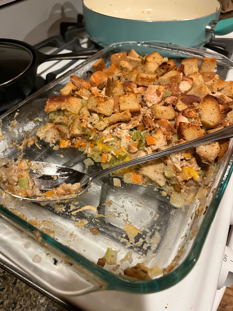 Chicken casseroles, with a few servings already removed. 