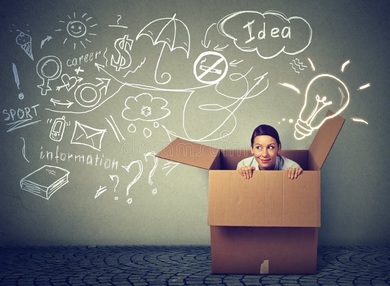 A woman is inside a box peeking out. Her ideas are represented by various icons: light bulb, umbrella, books, flowers, question marks, etc ..