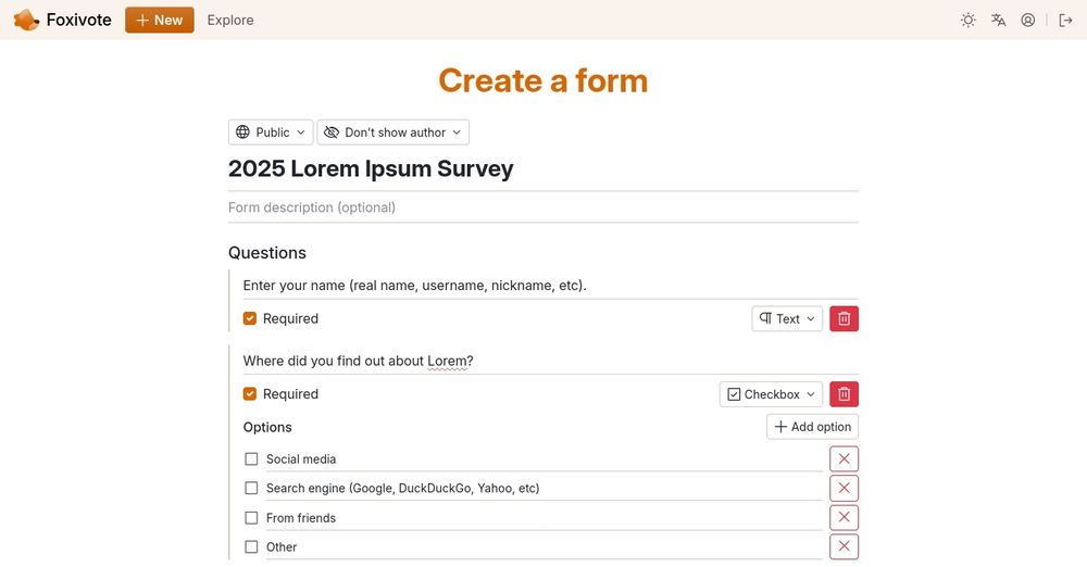 Form creation page of a Foxivote instance showing an example form being created.