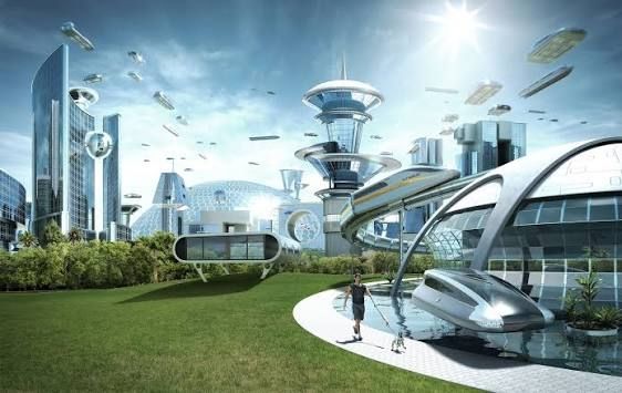 The iconic society meme image depicting an idealistic, futuristic utopia complete with flying cars