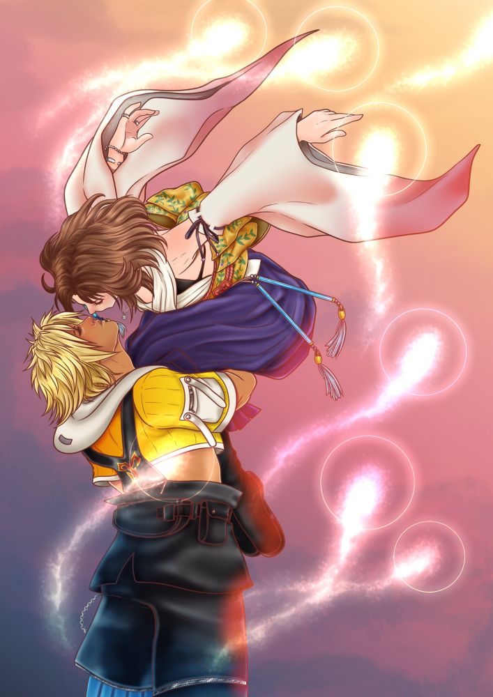 Artwork of Tidus and Yuna from Final Fantasy X. Tidus is carrying Yuna, and Yuna is leaning down towards him, close enough to almost kiss. They are surrounded by pyreflies.