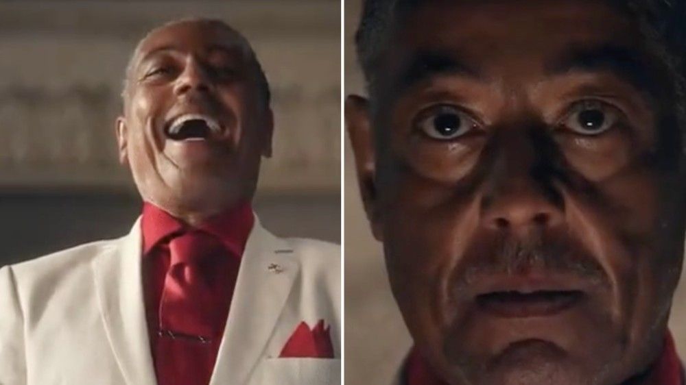 2 pictures of Gus Fring in Breaking Bad. In the first he is laughing joyously. The second is a close up of his face. He is not laughing. He is staring into the camera with the shadows haunting his eyes.