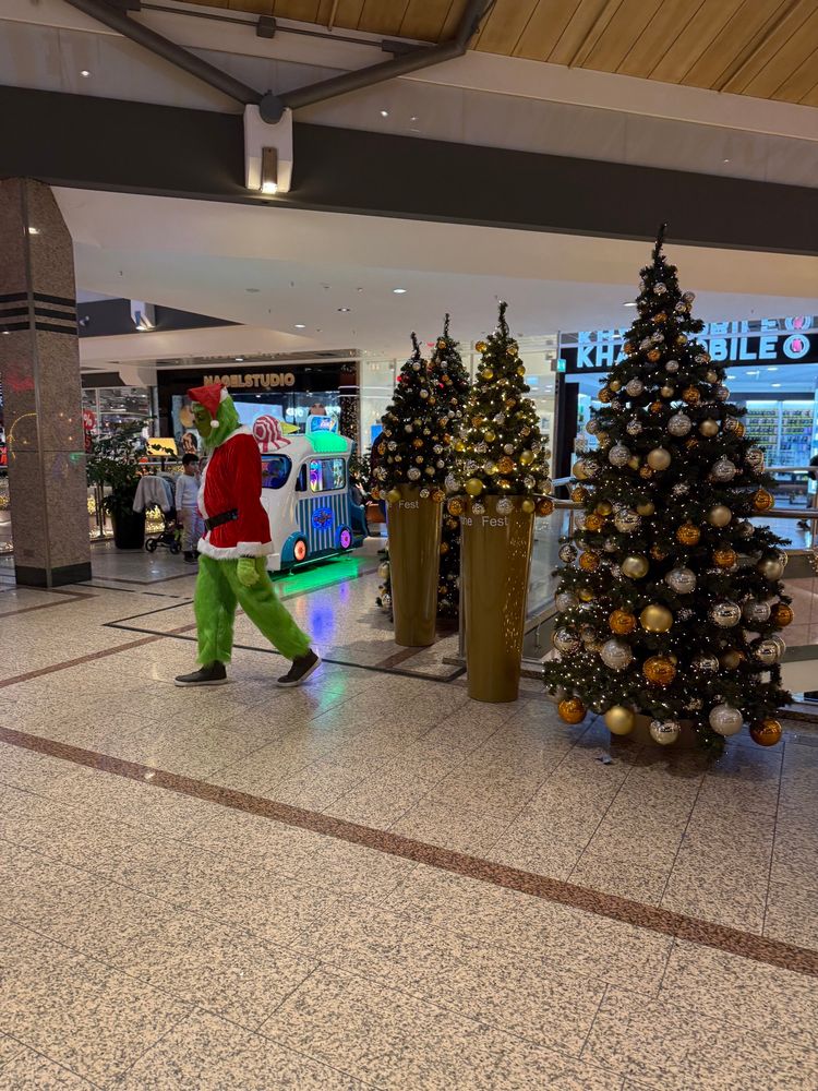 Ein verkleideter Besucher einer Einkaufsgalerie. Er trägt ein Kostüm des Grinchs, grüner Plüsch aber mit Weihnachtsmütze und roter Jacke. 