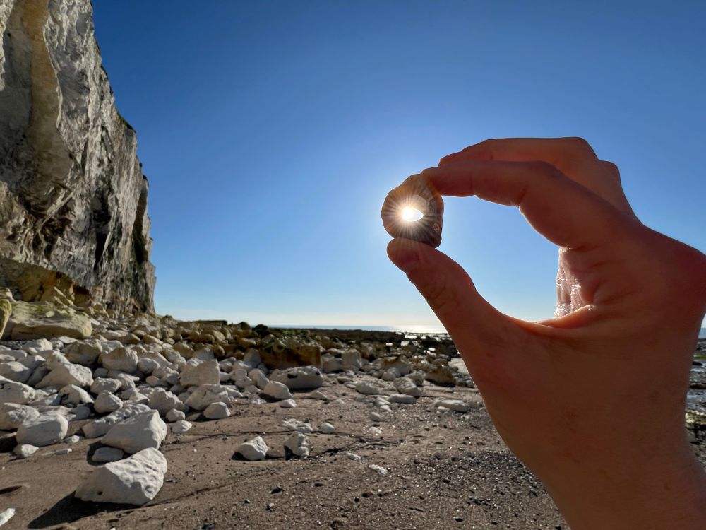 Sonne scheint durch einen in der Hand gehaltenen Hühnergott