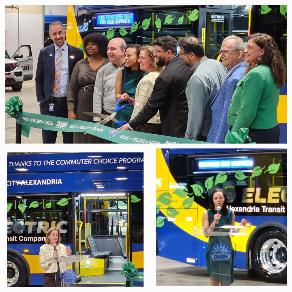 Ribbon cutting for two new 60 foot electric DASH buses, funded by NVTC's Commuter Choice Program. Remarks by Kate Mattice, NVTC and City of Alexandria Mayor Alyia Gaskins. 