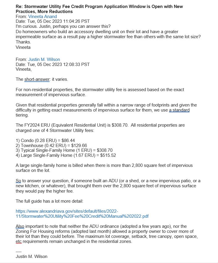 Listserve curiosity question from Vineeta Anand -- Calmly and clearly answered by Mayor Justin Wilson. Here is the question: I'm curious. Justin, perhaps you can answer this? Do homeowners who build an accessory dwelling unit on their lot and have a greater impermeable surface as a result pay a higher stormwater fee than others with the same lot size?
Thanks. 
Vineeta