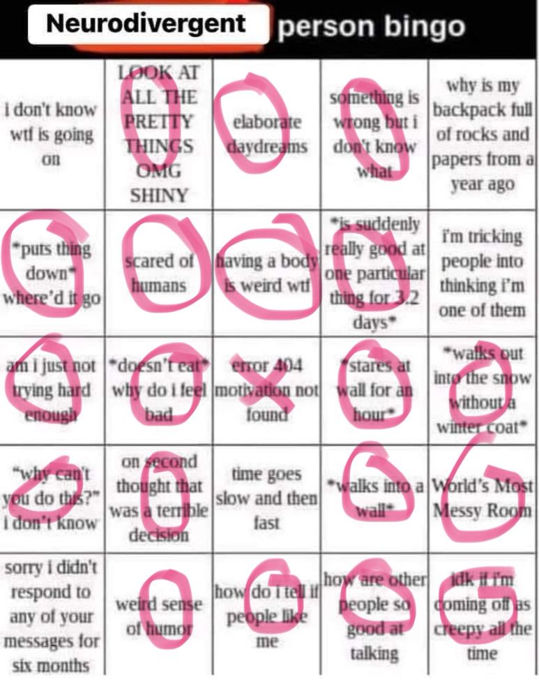 Neurodivergent bingo with all but four squares checked