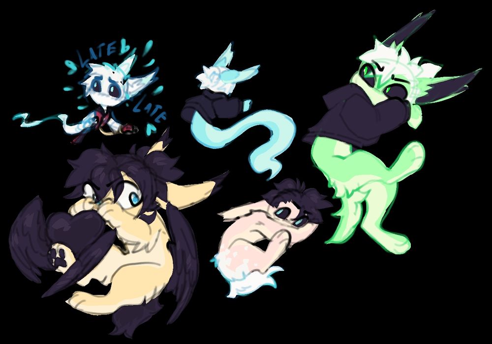 Several sketches of hare 
One of them basically being the white rabbit one of them with a black winged heart and a few others curled up and with their backs turned