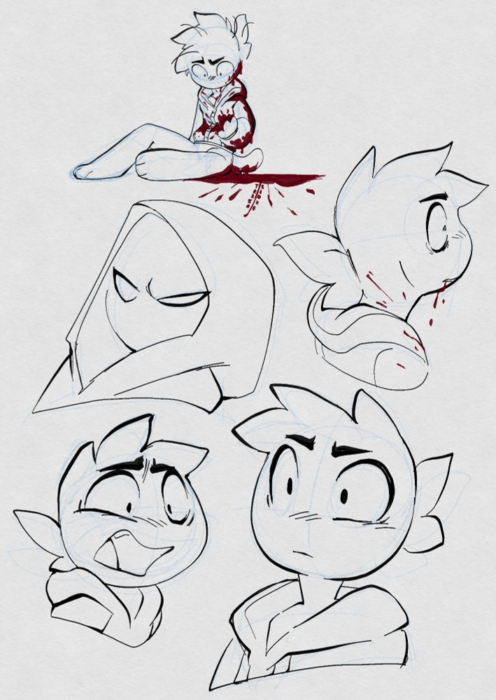 Several digital sketches inked black with blue guides visible underneath and red used for blood of jack from my stickman ish world with one of ghost from top to bottom jack sitting on a pool of his own blood apparently from a slash om his torso
Jack looking away from the camera blood splattered with blood dripping from his mouth 
Ghost at a near 3/4th view giving a glare towards the camera jack with a vacant expression and then with a horrified expression ending at the bottom left 
