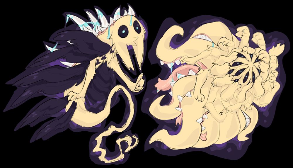 2 drawings of hare as eldritch monster things one has many wings and a massive body spanning jaw visible from the back and a row of hearts down the back with each pair of wings the other has many naga/ghost tails which have a mouth between each many many arms and a face of concentric eyes 