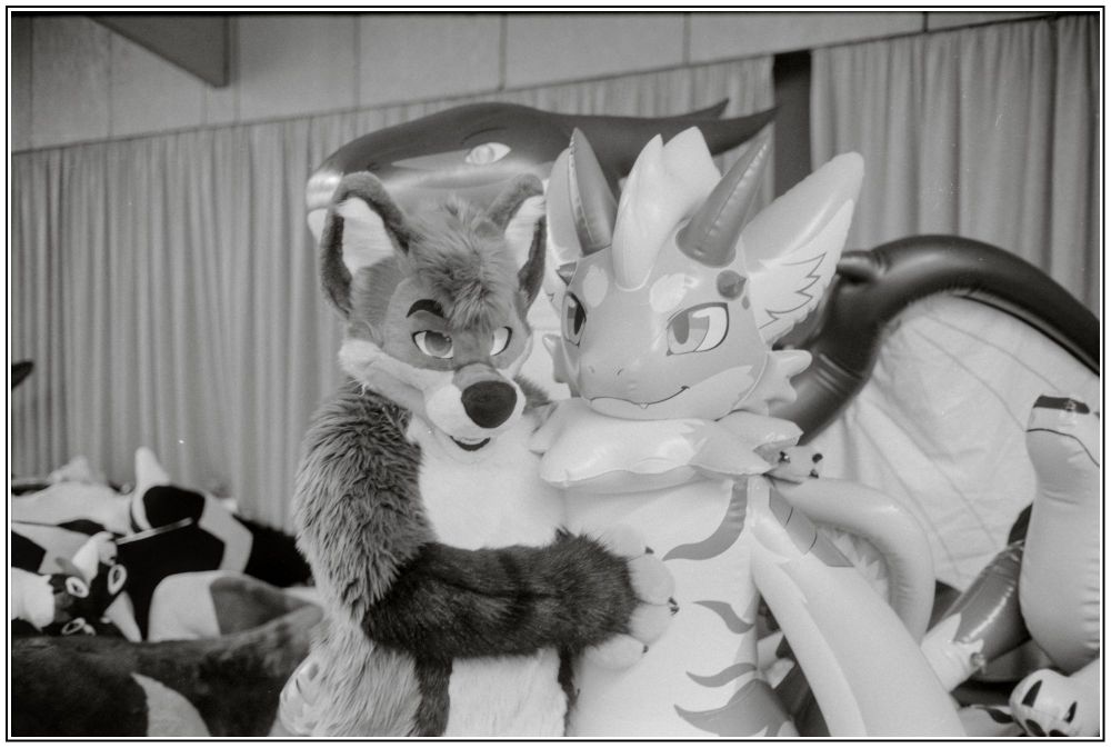 Black and white photo of a fursuiter hugging an anthro inflatable dragon
