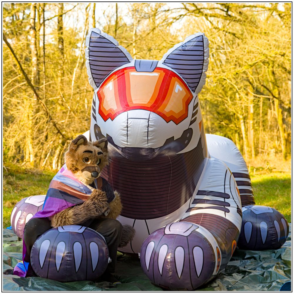 Wolf fursuiter wearing a progress pride flag as a cape sitting on the paw of a giant inflatable mecha looking wolf