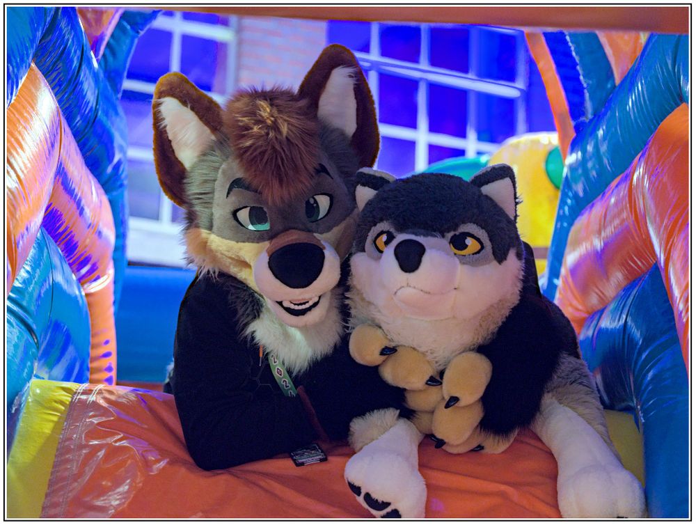A wolf fursuiter hugging a wolf plushy on top of a bouncy castle slide