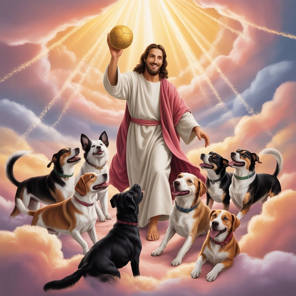 Jesus playing with some dogs in heaven. 