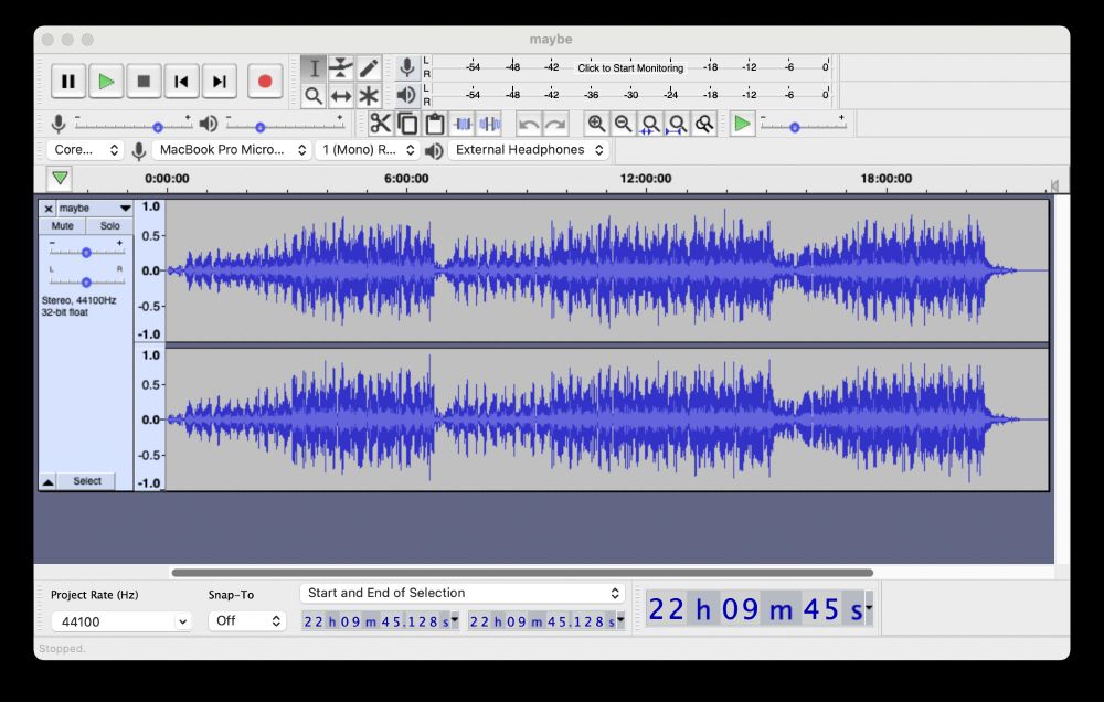 Screenshot of Audacity displaying the wave form of the file, "maybe.aup3"
