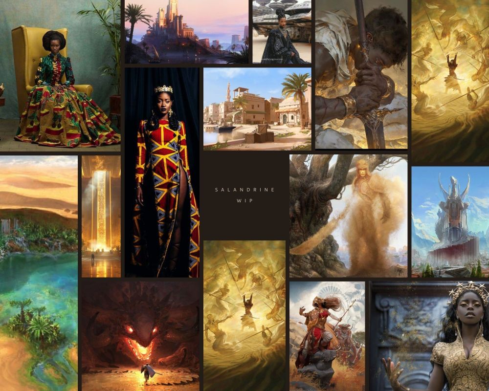 Moodboard for Elisa Winther's novel, an old WIP she's currently outlining before she'll revise it. It includes images of afrofuturism, African inspired fashion, desert architecture, a dragon glowing from their maw, a dragon temple, and a soldier made of sand. 