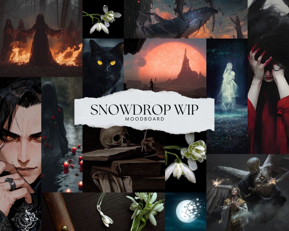Moodboard for Elisa Winther's work in progress, a story with the working title Snowdrop. Images include witches around a circle of fire, a black cat, snowdrop flowers, a shattered moon, a giant red sun setting on a dark landscape, someone looking sinister andmysterious, a ghost, someone holding their head in their hands, a priest with behind them a scary angelic demon, a demonic whale floating through a broken landscape and someone seating among candles in water. 