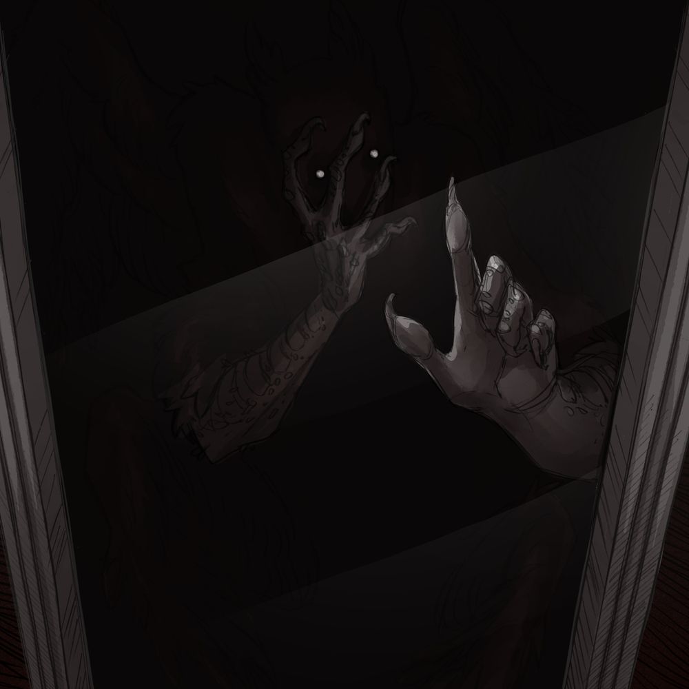 an drawing of the protagonist from Slay The Princess looking at themself in the mirror, drawn by Abby Howard. The drawing is in a first person perspective. Their right hand is reaching out and touching the glass, while their left hand is covering their face. Everything except their arms are obscured by shadow, but two pairs of wings are faintly visible, as well as two tufts on top of their head. Their eyes are two glowing white dots. They have claws, and their arms are covered in scales.