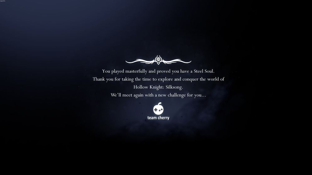 Message from Team Cherry congratulating the player on completing Steel Soul mode for Silksong